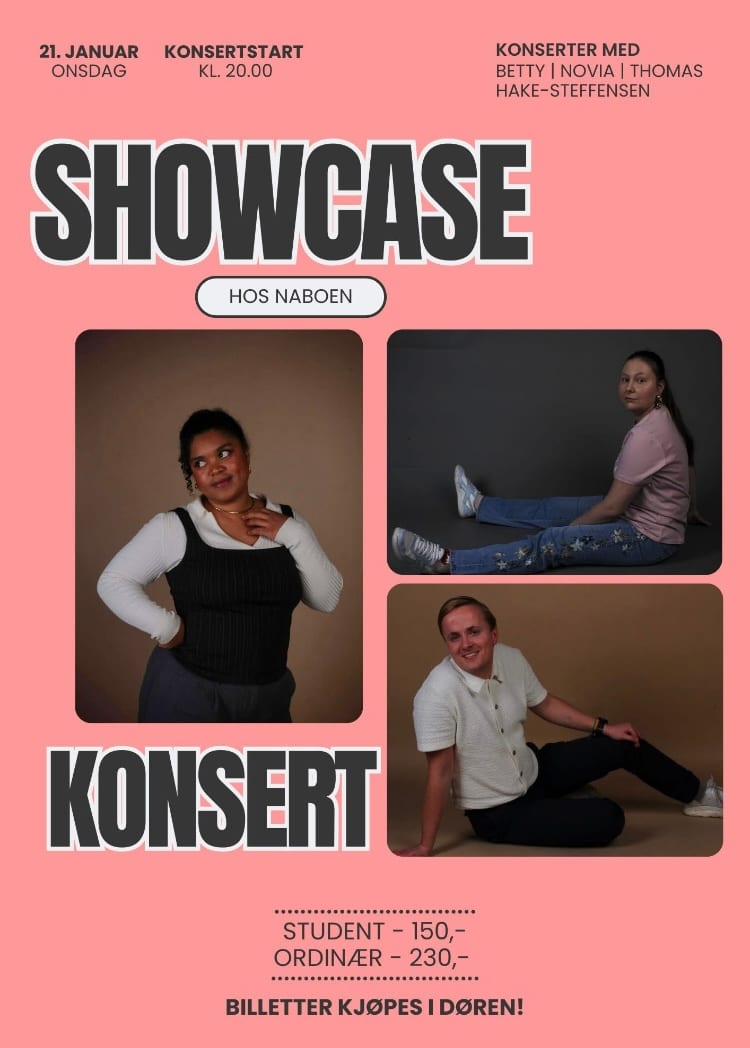 Rosa plakat for showcase-konsert med NOVIA