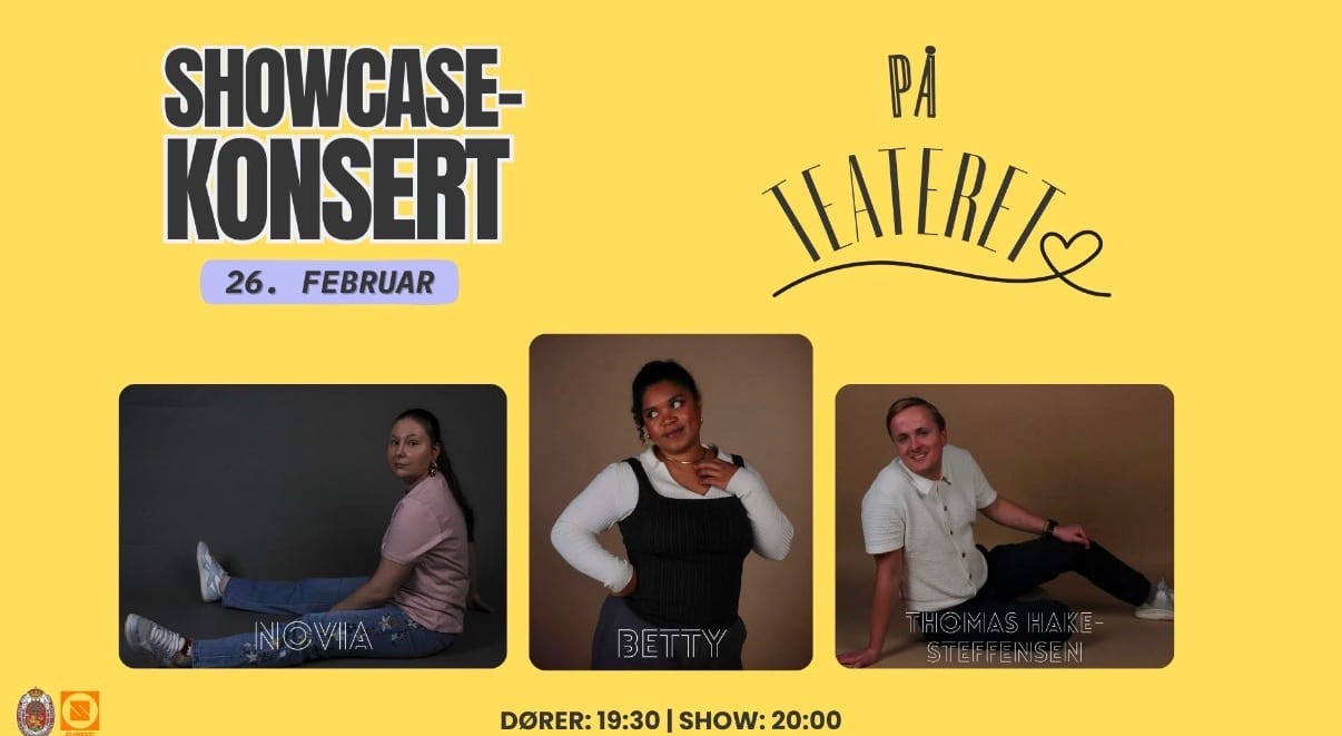 Gul plakat for showcase-konsert på Teateret med NOVIA
